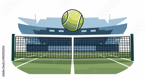 A tennis ball hovers above a net on a court with stadium seating behind