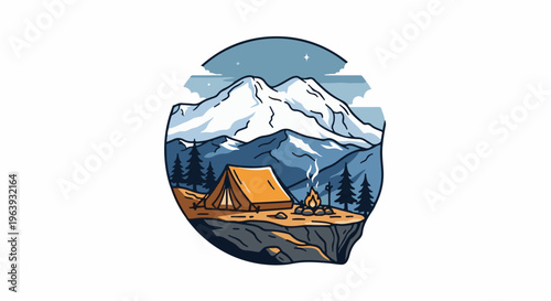 A tent and campfire sit below snow-capped mountains