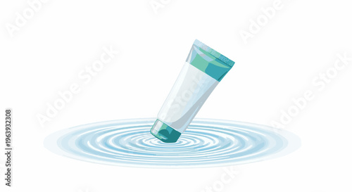 A tilted white and green tube rests on a rippling water surface, isolated on white
