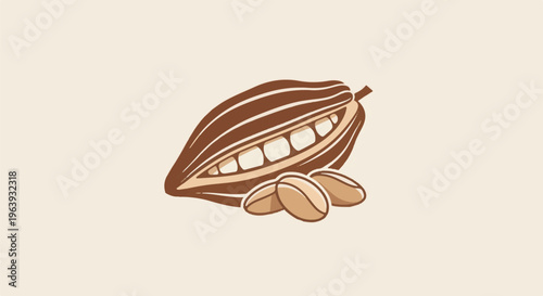A stylized cocoa pod with beans is depicted on a neutral background