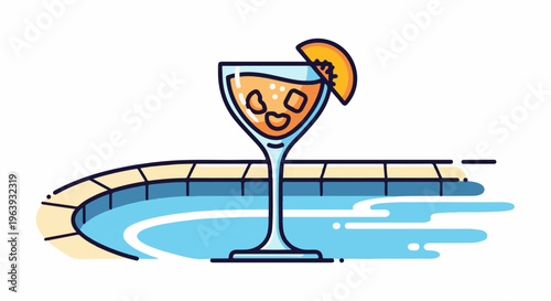 A stylized cocktail with ice and orange slice sits poolside on a sunny day