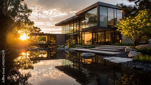 Modern Glass House Surrounded by Nature at Sunset with Reflection in Water