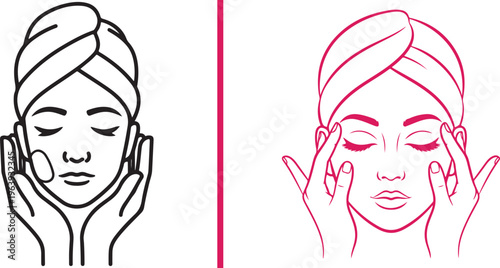 Minimalist line art vector of a woman performing facial cleansing and temple massage. Elegant black and pink illustrations ideal for beauty, skincare, and wellness branding.