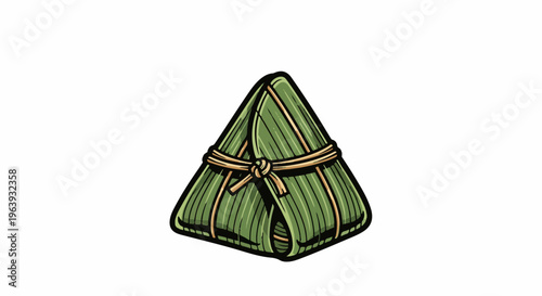 A traditional, pyramid-shaped rice dumpling wrapped in green leaves and tied with string