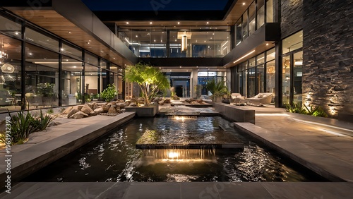 Modern architectural design of a luxury home with serene water feature at night