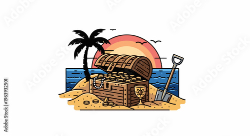A treasure chest brimming with gold coins on a tropical island beach at sunset