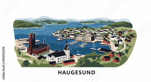 A stylized aerial view of a coastal town with boats in the harbor and hills beyond