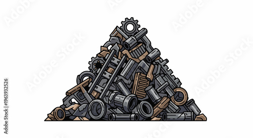 A triangular pile of metallic industrial scrap and mechanical parts