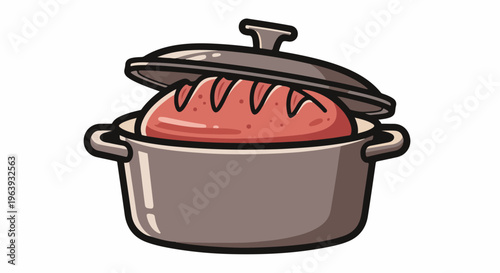 A stylized illustration of a large, pink sausage cooking in a pot
