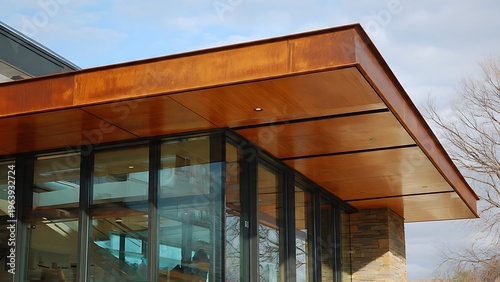 Detailed View of a Modern Flat Roof Design with Copper Accents and Glass Walls
