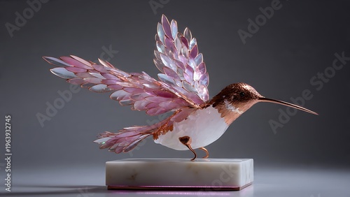Elegant Hummingbird Sculpture with Rose and Gold Crystalline Wings Display