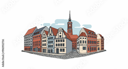 A stylized illustration of a historic European city street with diverse buildings and a church spire