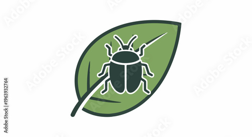A stylized dark insect is depicted on a green leaf
