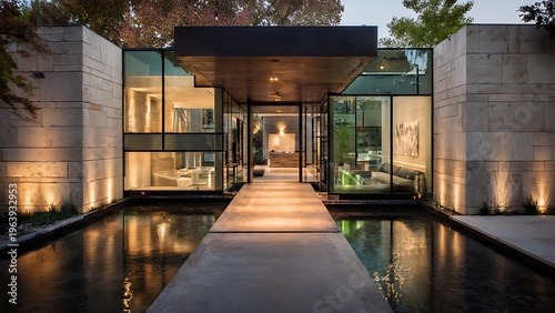 Modern Walkway Entrance with Reflective Surface Over Water Feature at Dusk