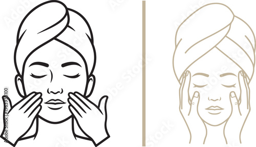 Minimalist line art vector of a woman performing a self-facial massage and skincare routine. Elegant gold and black illustrations ideal for beauty, wellness, and spa branding.