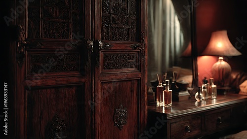 Massive Dark Rosewood Monolith with Intricate Carvings in Elegant Interior