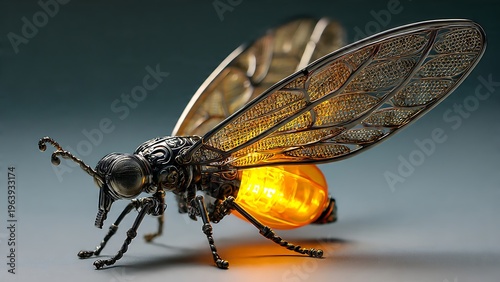 Intricate Metal Firefly Sculpture with Glowing Titanium Accents and Detail
