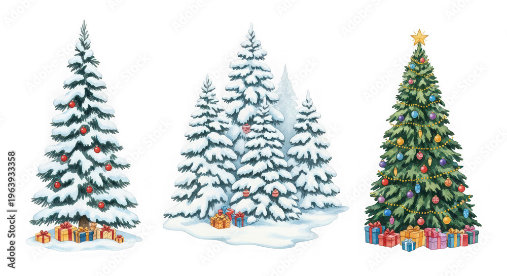 Obraz premium Illustration of three christmas trees decorated with ornaments and presents isolated on transparent background