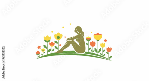 A stylized olive-green silhouette of a person sits among colorful flowers on a green hill