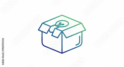 A stylized open cardboard box with an illuminated lightbulb emerging from within