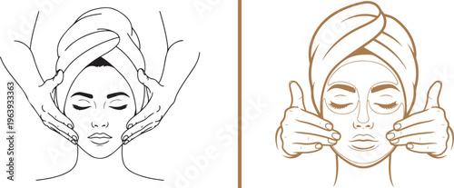 Minimalist line art vector of a woman receiving a professional facial massage and applying under-eye patches. Elegant gold and black illustrations for spa, beauty, and wellness branding.
