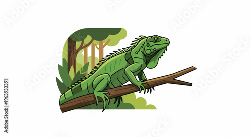 A vibrant green iguana perches on a branch amidst lush jungle foliage