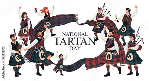 Illustration of people in traditional Scottish attire celebrating National Tartan Day with a tartan pattern design on a white background.