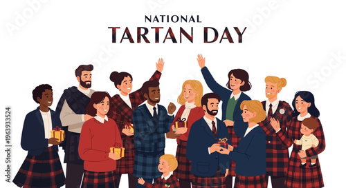Illustration of diverse people celebrating National Tartan Day with tartan patterns and Scottish heritage elements on a white background.