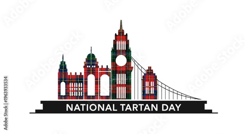 Vector illustration of London cityscape with Big Ben and a bridge on National Tartan Day with a Scottish heritage theme and tartan pattern concept on a white background.