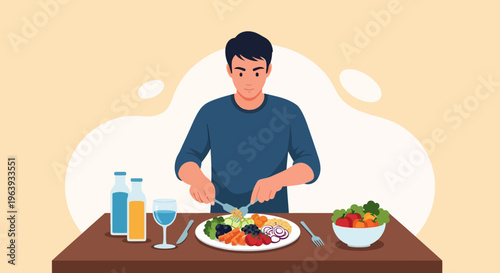 Healthy Eating Concept Illustration - Man Enjoying a Balanced Nutritious Meal with Fresh Vegetables