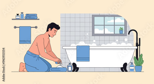 Man Preparing a Relaxing Bubble Bath in a Modern Bathroom Illustration - Self-Care and Wellness Concept