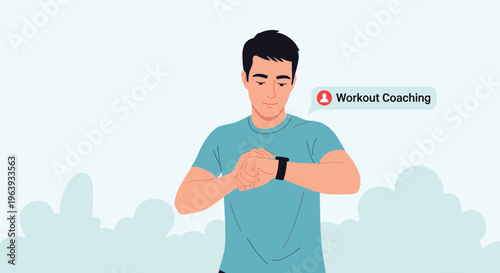 Young Man Checking Smartwatch for Digital Workout Coaching, Fitness App Illustration