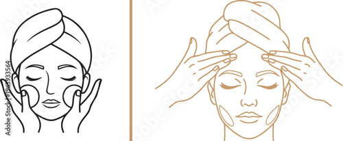 Minimalist line art vector of a woman performing a facial massage and skincare routine. Elegant illustrations perfect for spa, beauty, and wellness branding.