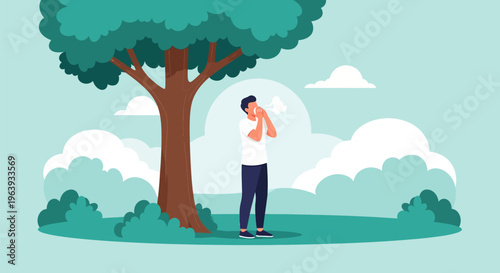 Man Sneezing under a Tree in the Park, Seasonal Allergy and Hay Fever Concept Vector Illustration