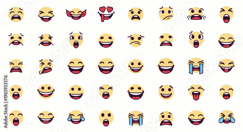 A vibrant grid displays a variety of expressive yellow emoji faces on a white background