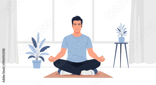 Man Practicing Mindfulness Meditation in Peaceful Home Setting - Vector Illustration for Wellness and Mental Health Concepts