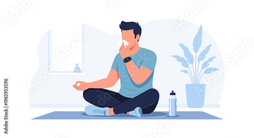 Man Sneezing on Yoga Mat Vector Illustration - Seasonal Allergy and Fitness Concept