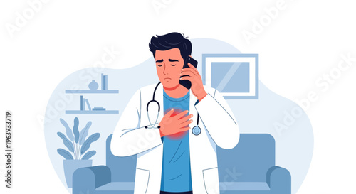 Male Doctor Experiencing Sudden Chest Pain or Heart Attack While on Phone Call - Medical Emergency and Physician Burnout Illustration