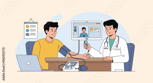 Modern Medical Care Concept: Doctor Performing Health Checkup with Telehealth Integration and Online Consultation