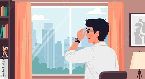 Visionary businessman looking out of a modern office window at the city skyline, future career and goal setting concept illustration