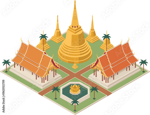 Buddhist temple complex with golden pagodas, traditional Thai architecture, courtyard gardens, shrine buildings, and decorative landscape, religious landmark vector illustration