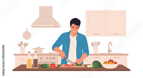 Happy Man Cooking Healthy Meal with Fresh Vegetables in Modern Kitchen - Flat Vector Illustration