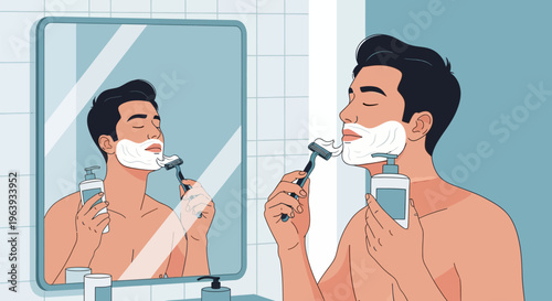 Illustration of a Young Man Shaving his Face with a Razor and Shaving Cream in the Bathroom Mirror - Morning Grooming Routine Vector