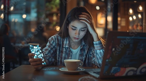 Digital Dilemma: A woman is engrossed in her phone at a cafe, a cup of coffee and a laptop accompany her. This captures a moment of modern life.