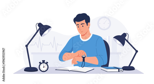 Time Management and Productivity Concept: Young Man Checking Wristwatch While Studying at Desk with Clocks and Lamps