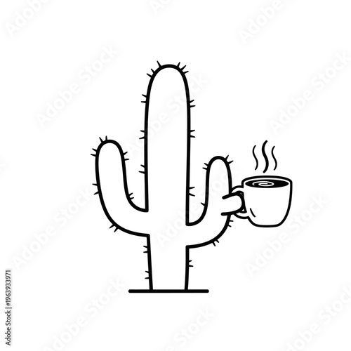 Funny Cactus Holding a Hot Coffee Cup with Steam, Desert Plant Character