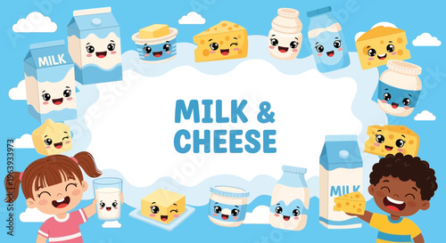 Cute Milk and Cheese Kawaii Illustration with Happy Children