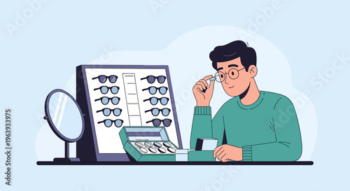 Illustration of a Man Choosing Eyewear at an Optician Shop for Vision Correction