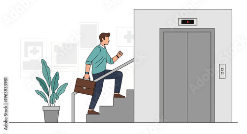 Businessman Choosing Stairs over Elevator for Health and Fitness in Modern Office Environment