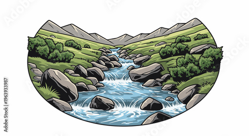 A vibrant illustration depicts a serene mountain stream flowing through a rocky, green landscape